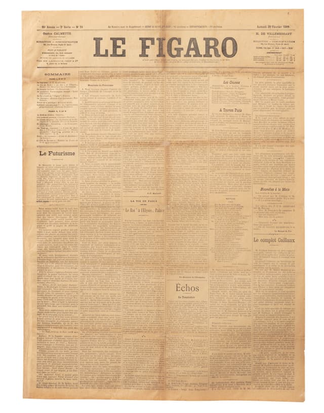 Manifeste du Futurisme. Le Figaro, 20 February 1909. Founding manifesto of futurism. Very rare issue.