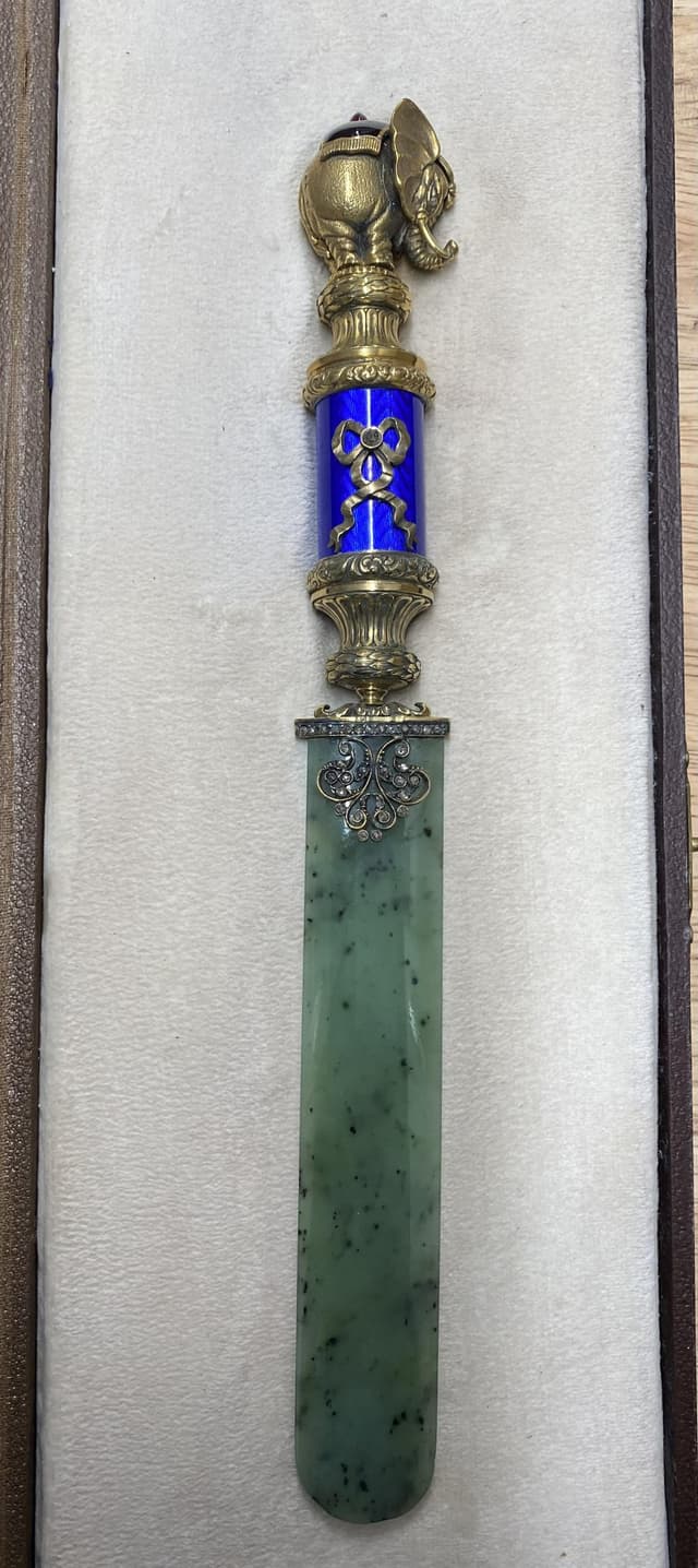 RUSSIAN SILVER ENAMEL NEPHRITE LETTER OPENER WITH